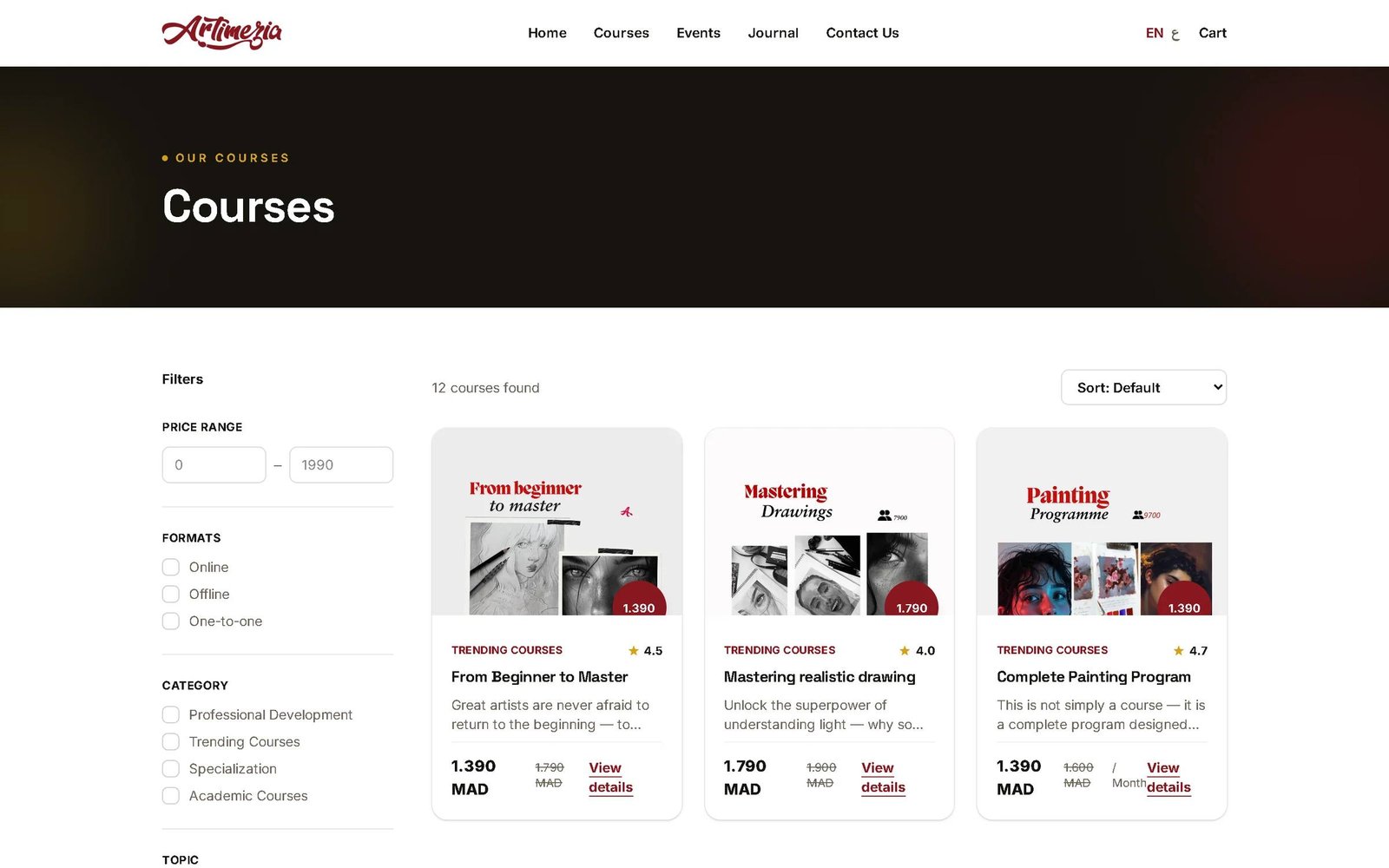 Catalogue des formations Artimezia avec filtres et tri