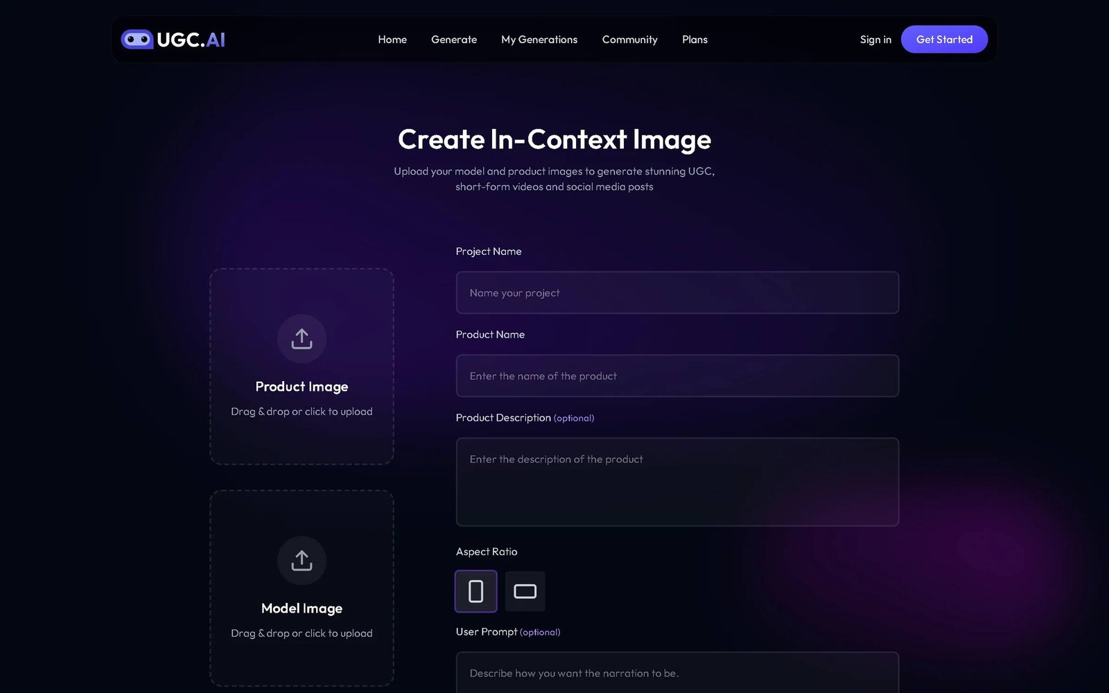 Écran de génération avec photo produit et photo modèle